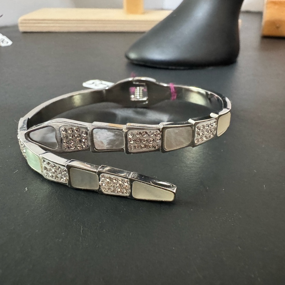Silver Rhinestone & Faux Mother of Pearl Cuff Bracelet – Open Bypass Design
